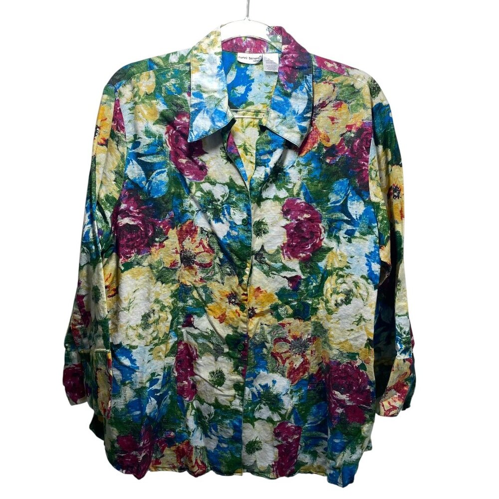 Linen Blend Watercolor Floral 3/4 Sleeve Button Up Career Comfy Shirt Womens 2X